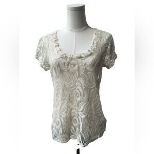 Elegant Ivory Lace Short Sleeve Blouse Back Button Detail Top